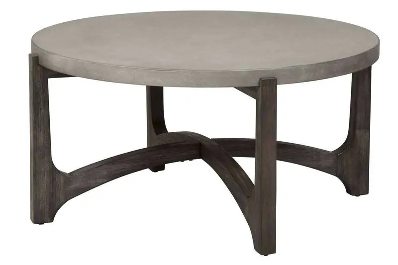 Anslow Round Coffee Table – Dark Wood Base & Concrete Composite Top