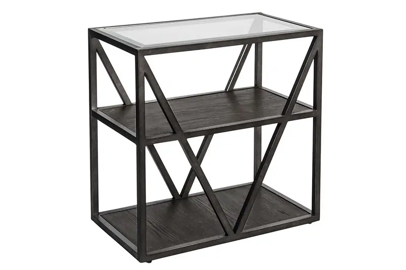 Archer Rectangular Chair-Side Table with Metal Base, Glass Top, and Wood Shelving