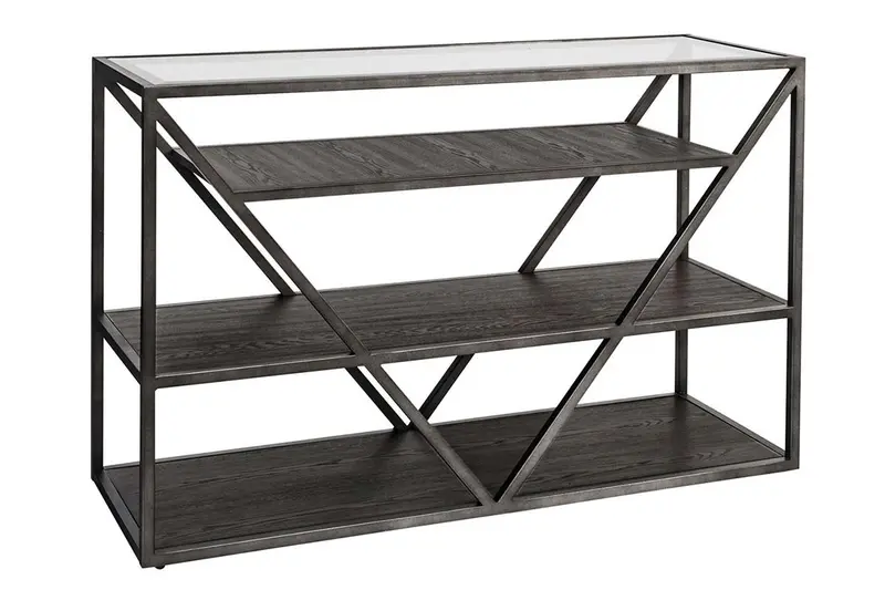 Archer Rectangular Sofa Table with Metal Frame, Glass Surface, and Wood Storage Shelves