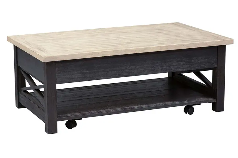 Ardley Lift-Top Coffee Table – Transitional Design with Charcoal Base and Two-Tone Ash Veneer Top
