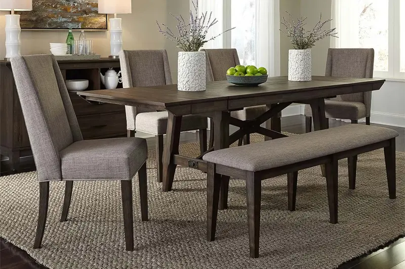 Atherton Dark Chestnut 6-Piece Trestle Dining Set: Upholstered Chairs & Bench