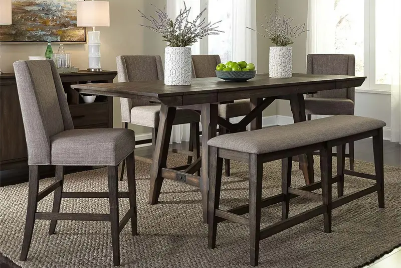Atherton Dark Chestnut Counter-Height 6-Piece Trestle Dining Set with Upholstered Chairs & Bench