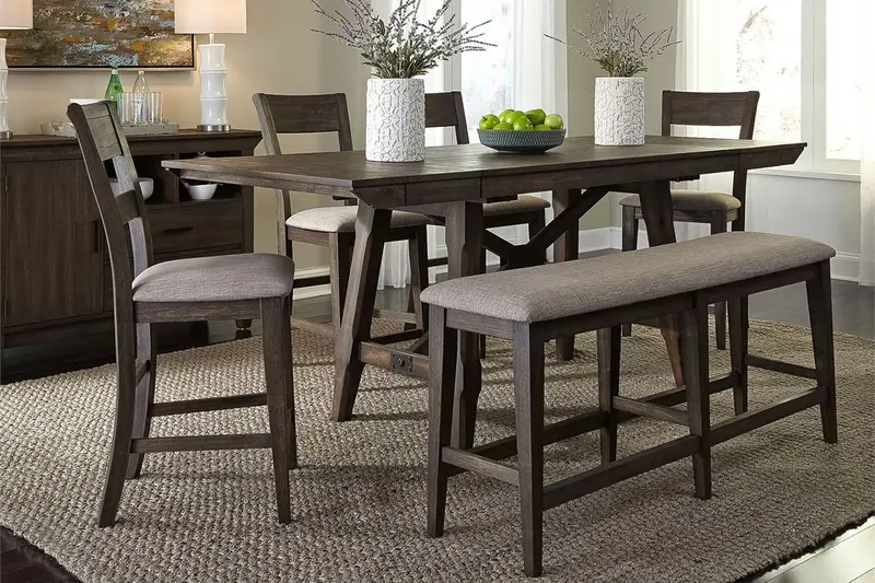 Atherton Dark Chestnut Counter-Height 6-Piece Trestle Set: Splat-Back Chairs & Bench