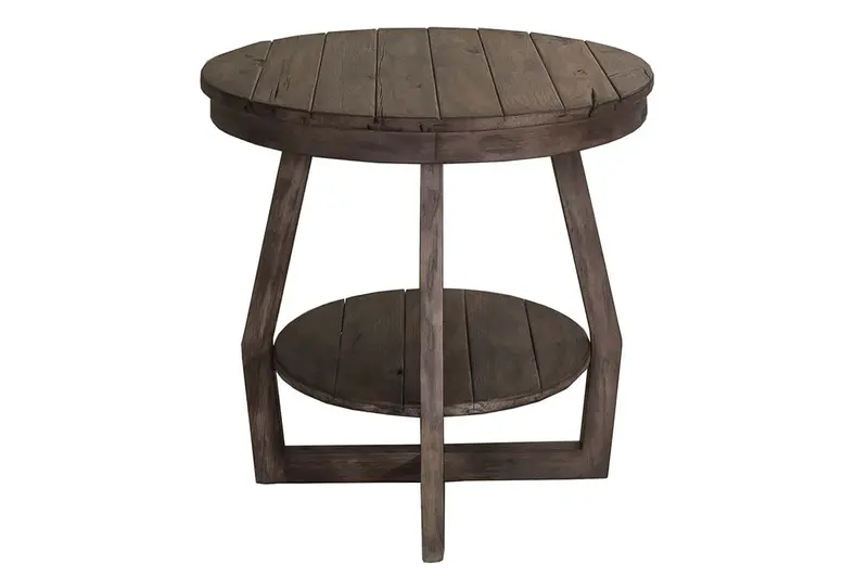 Barnes Gray-Washed Round End Table with Textured Plank Surface