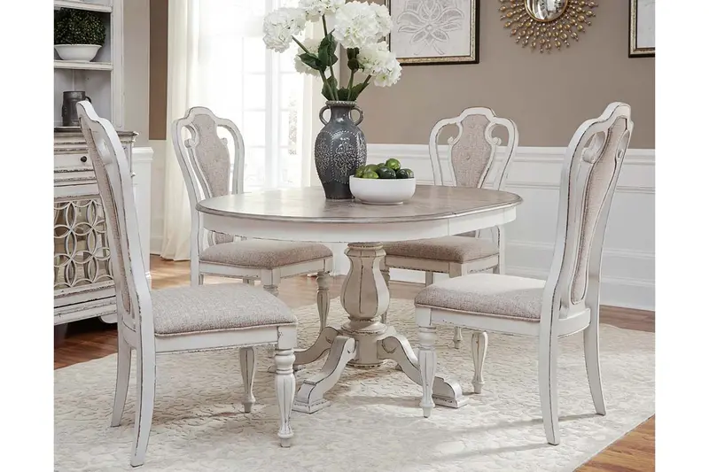 Canterbury Antique White 5-Piece Dining Set with Single Leaf Pedestal Table