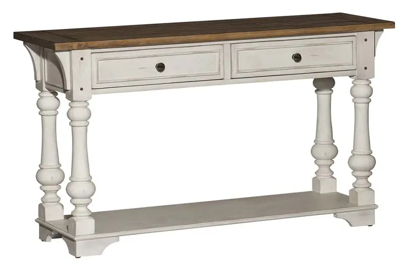 Dorchester Tobacco-Finished Sofa Table in Antique White with Dual Drawers and Shelf
