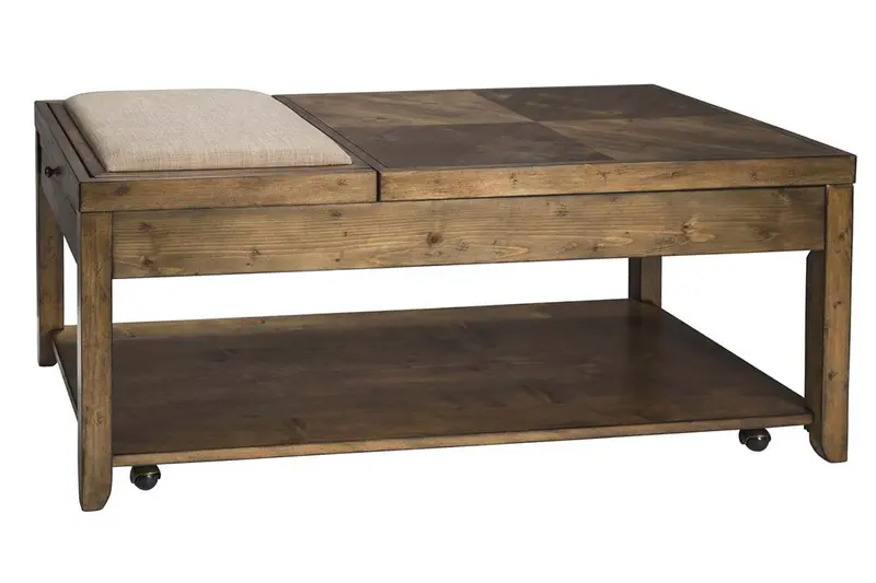 Grant Nutmeg-Finished Lift-Top Cocktail Table with Flip-Up Upholstered Seat and Integrated Drink Shelf