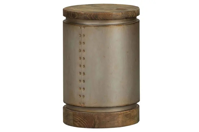 Greer Metallic Round Drum End Table with Reclaimed Dark Pine Top