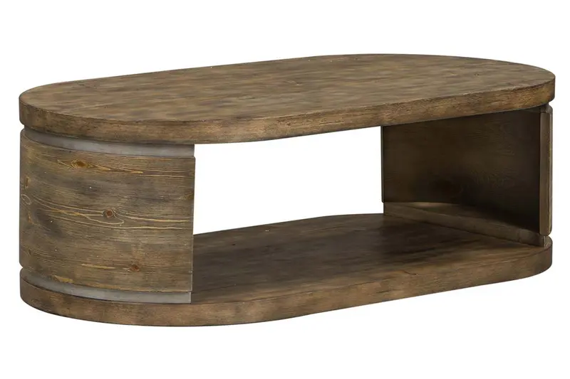 Greer Oval Cocktail Table in Reclaimed Pine with Metal-Accented Lower Storage
