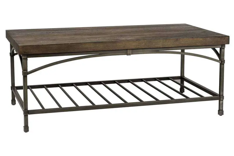 Halstrom Industrial Coffee Table – Metal Base with Dark Oak Veneer Plank Top