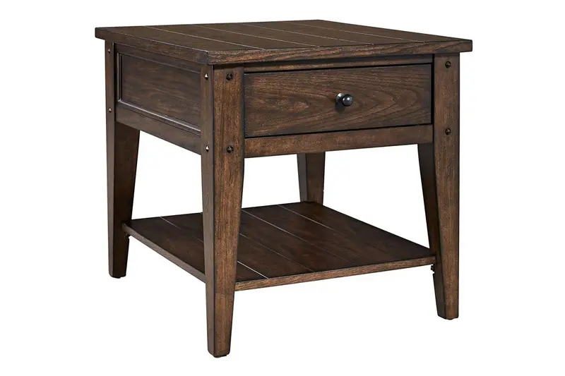 Harding Rustic End Table – Single-Drawer Brown Oak Plank Style