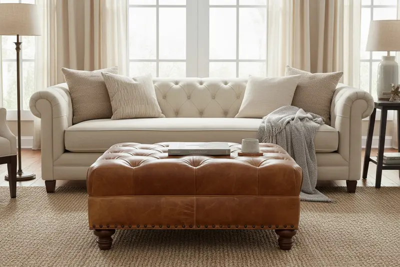Lucas Tufted Square Leather Ottoman – Four Size Options (36″ to 48″)