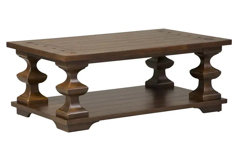Lucca I Spanish-Style Cocktail Table in Kona Brown with Functional Lower Shelf
