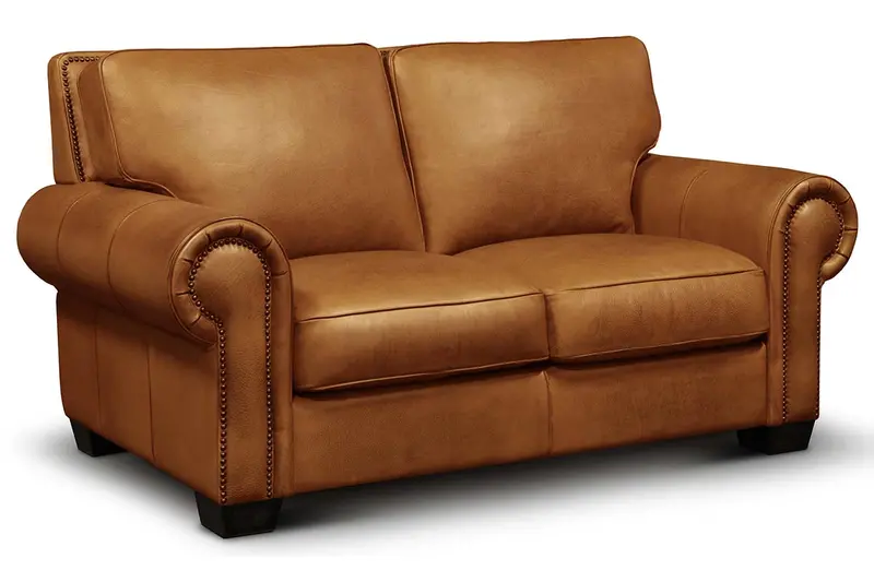 Marshall Traditional Rolled-Arm Leather Loveseat with Nailhead Accents