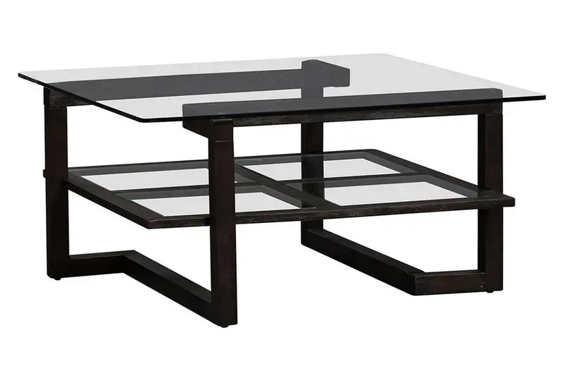 Parson Square Geometric Coffee Table with Tempered Glass Top and Lower Shelf