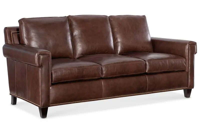 Phillip 82″ Transitional Pillow-Back Leather Sofa – Three-Cushion Design