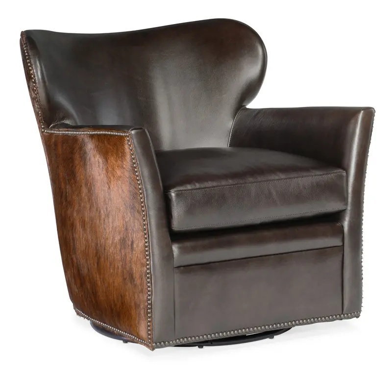 Simpson Dark Brindle Leather Swivel Chair Featuring Brown Hair-on-Hide Trim