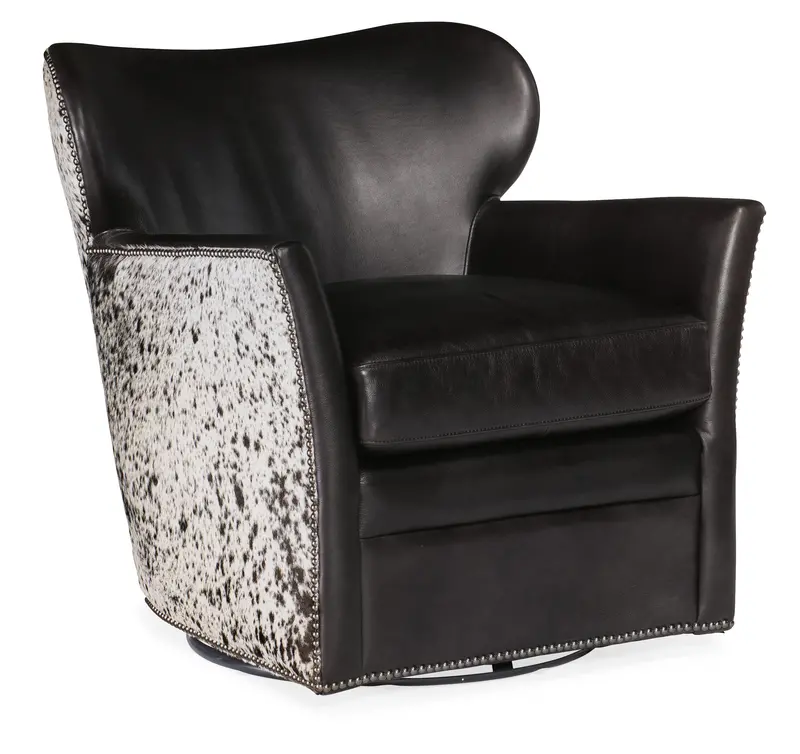 Simpson Legendary Graphite Leather Swivel Chair with Salt & Pepper Hair-on-Hide Accents