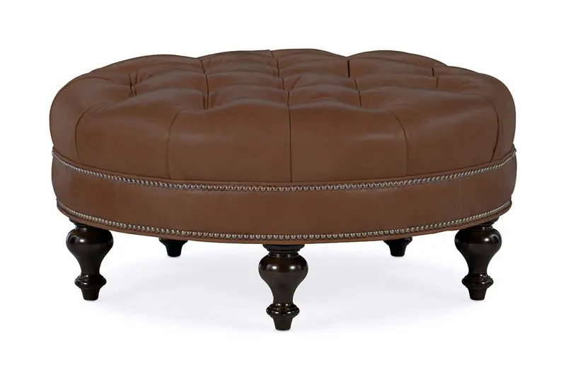 Soren Round Ottoman – 38″ Tufted Surface and Elegant Turned Leg Base