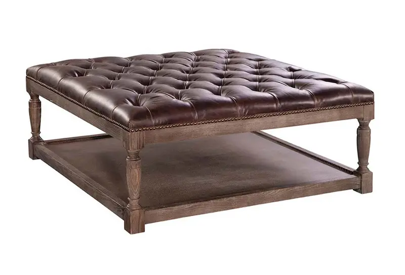Thomas 42-Inch Square Tufted Leather Ottoman with Wooden Storage Base