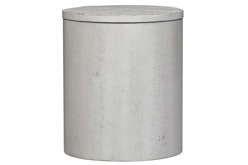 Tristan II Distressed White Round Drum Farmhouse End Table with Storage