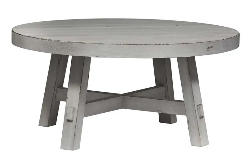Tristan II Distressed White Round Farmhouse Coffee Table with Splay Legs