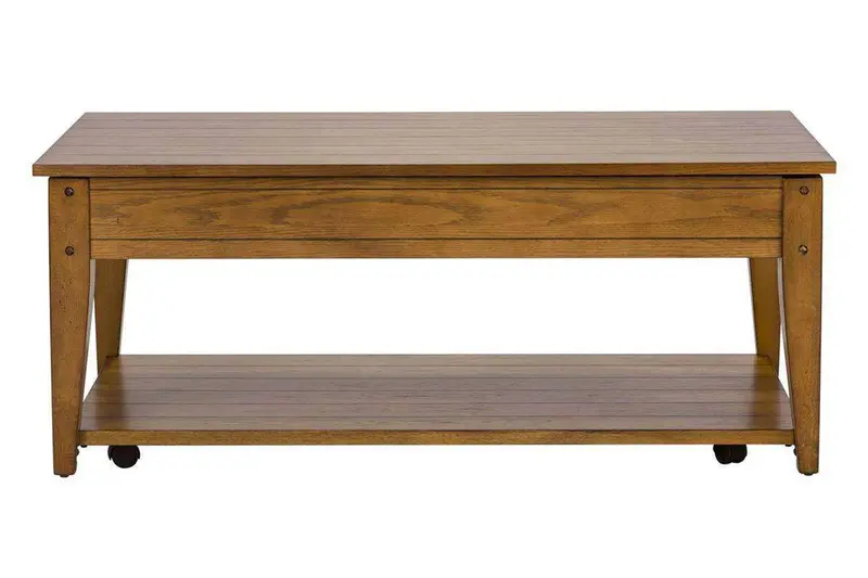 Warrington Golden Oak Lift-Top Coffee Table – Rustic Plank Top with Hidden Storage Shelf