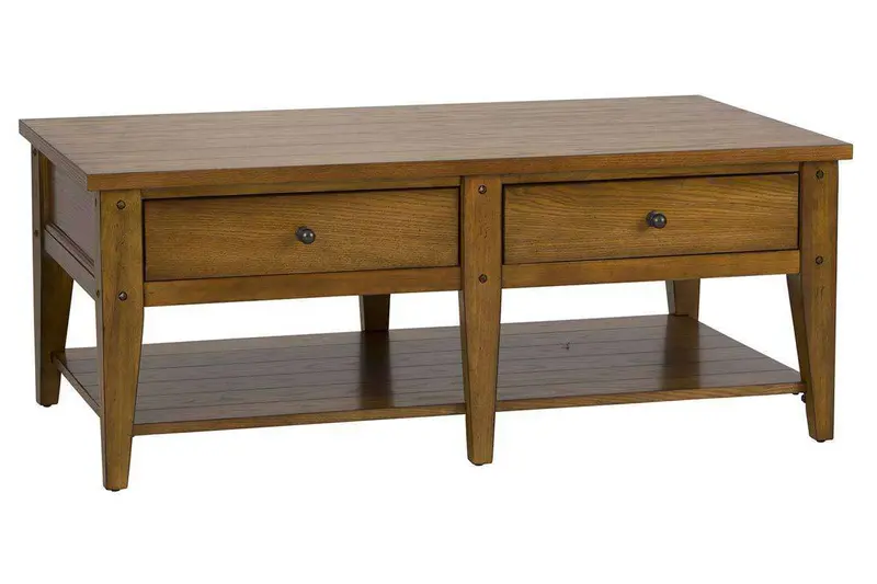 Warrington Lake House–Inspired Coffee Table – Golden Oak Finish with Dual Drawers and Open Shelf